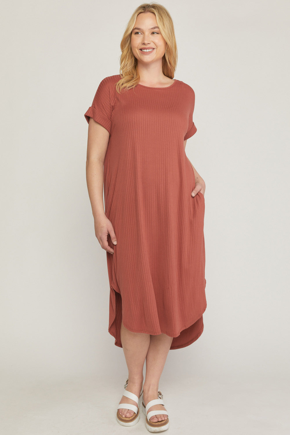 Ribbed Pocket Midi Dresses - Entro Ribbed Pocket Midi Dresses - Entro