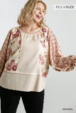 Mixed Print Waffle Knit Top, Natural