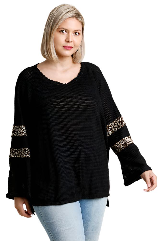 umgee Leopard Trim Waffle Knit Top, Black