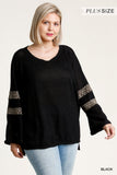 Leopard Trim Waffle Knit Top, Black