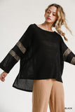 Leopard Trim Waffle Knit Top, Black