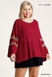 Leopard Trim Waffle Knit Top, Red