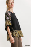 Floral & Animal  Waffle Knit Top, Black