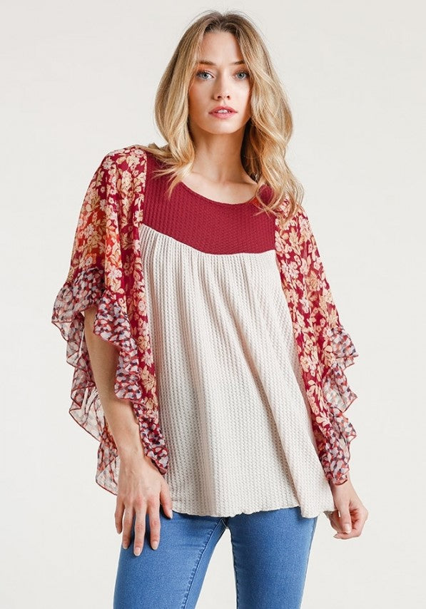 UMGEE USA BUTTERFLY SLEEVE WAFFLE KNIT TOP