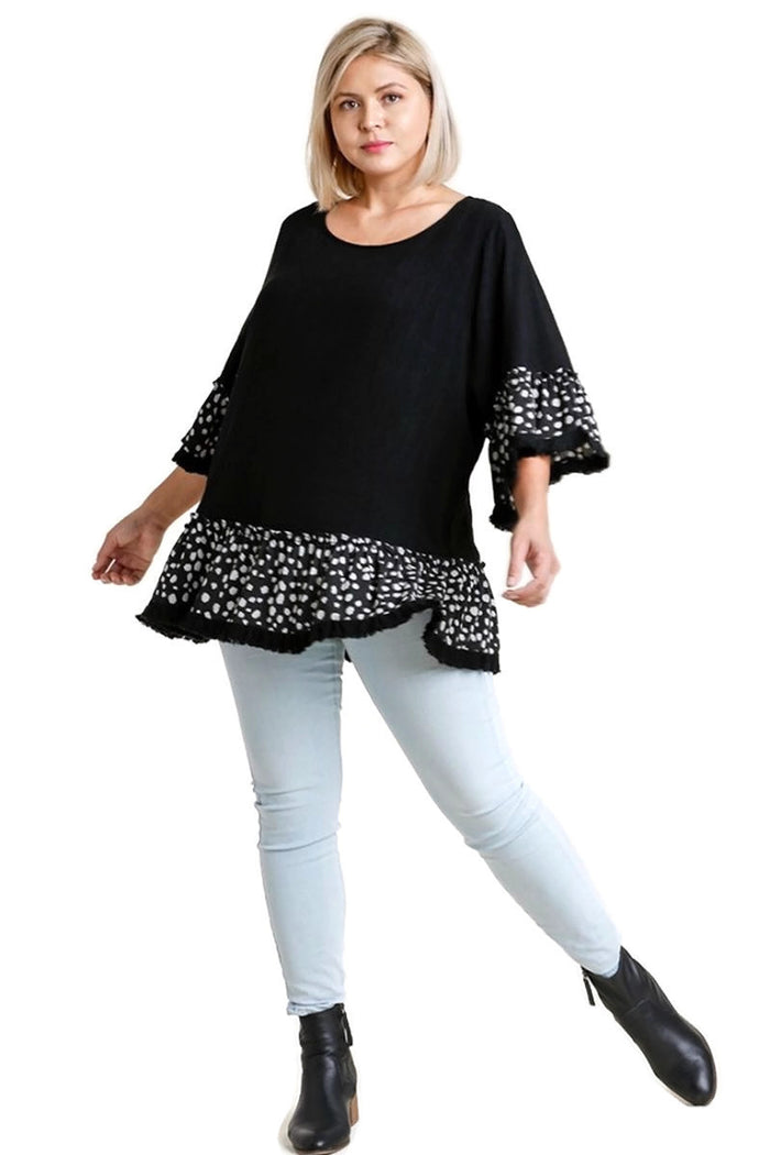 umgee usa Spotted Bell Sleeve Ruffle Hem Top