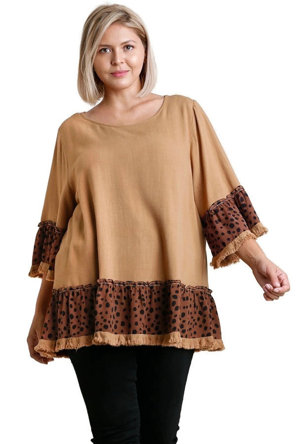 Spotted Bell Sleeve Frayed Top, Caramel