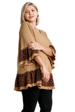 Spotted Bell Sleeve Frayed Top, Caramel