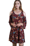 Floral  Cold Shoulder Dress, Burgundy