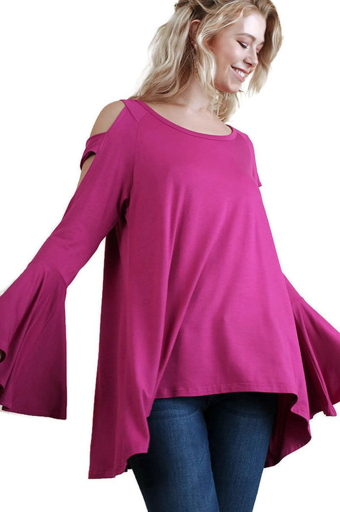 Bell Sleeve Tunic With Shoulder Cutouts, Raspberry