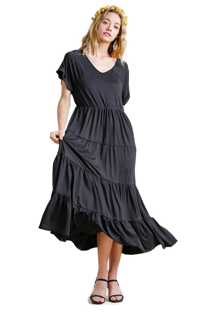 umgee usa short folded sleeve tiered maxi dress