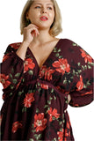 Floral Print Balloon Sleeve Dress, Plum
