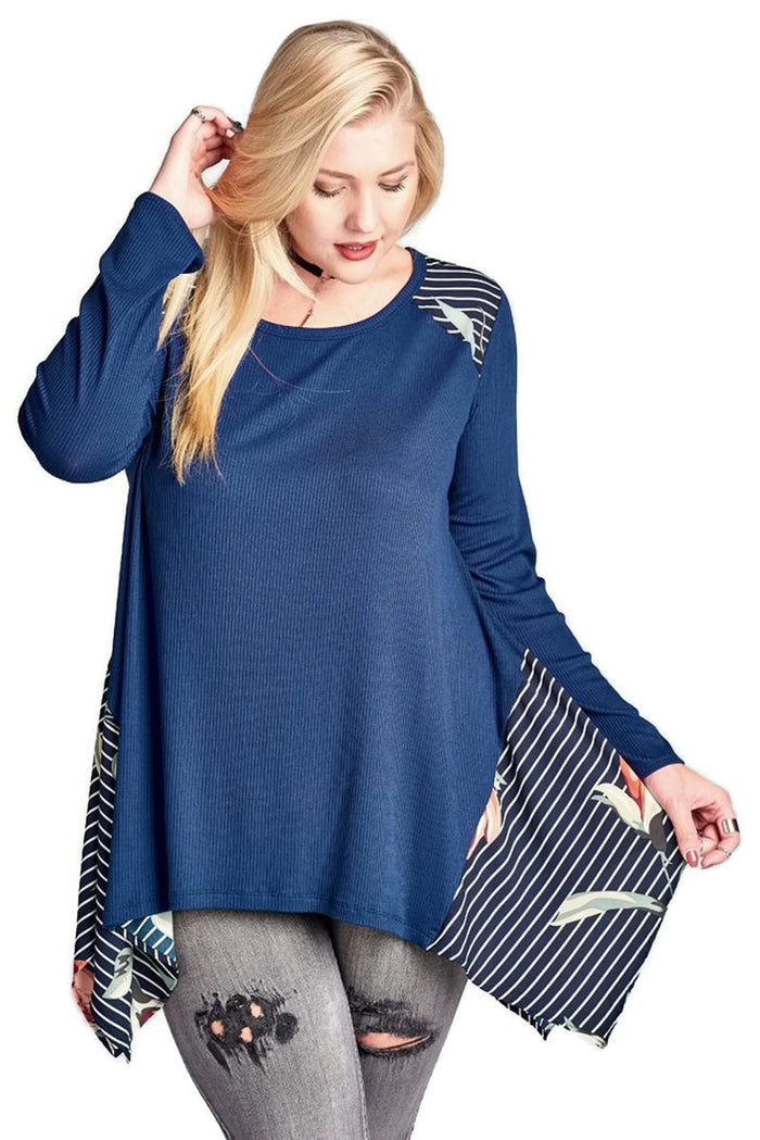 Solid, Striped & Floral Knit Trapeze Tunic, Navy