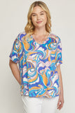 Abstract V-Neck Top, Blue