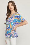 Abstract V-Neck Top, Blue