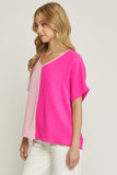 Color Block V-Neck Top, Pink