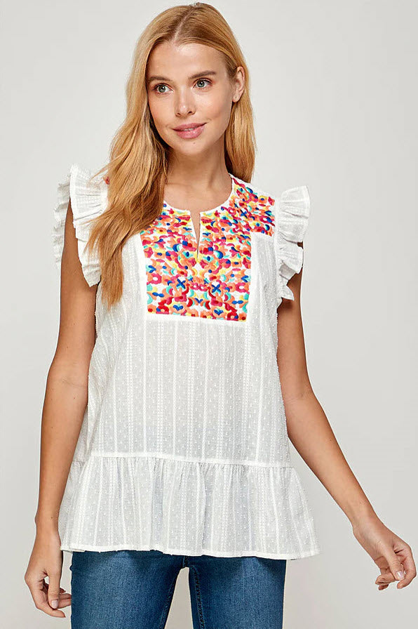 See and be Seen Floral Embroidered Ruffle Top