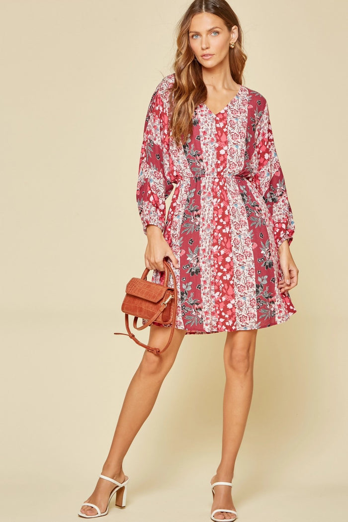 Multi Floral Dolman Sleeve Dress, Magenta