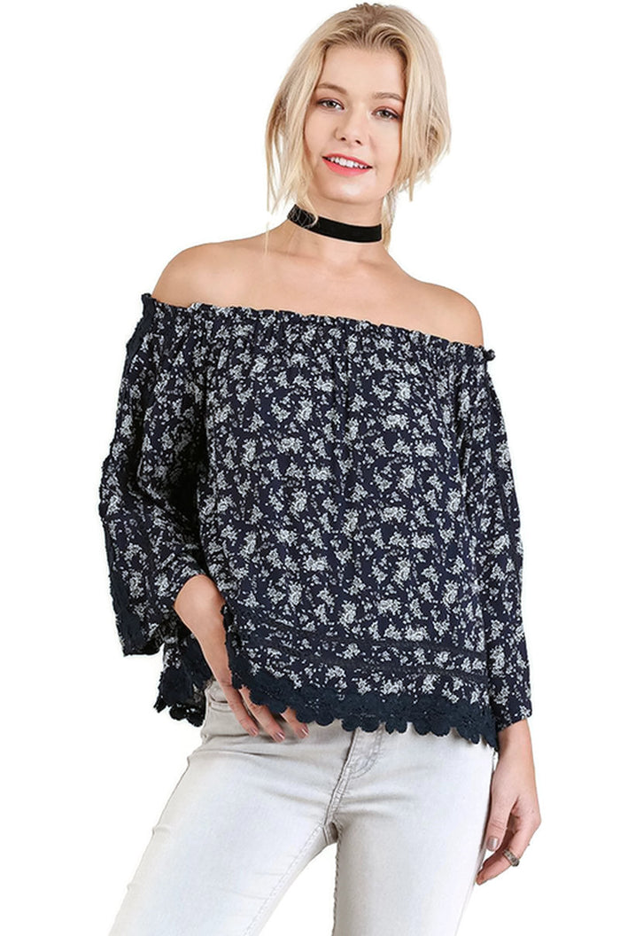 Off The Shoulder Floral Top, Navy