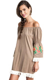 Embroidered Off the Shoulder Dress, Mocha