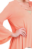 Crossed Neck Bell Sleeve Tunic, Coral