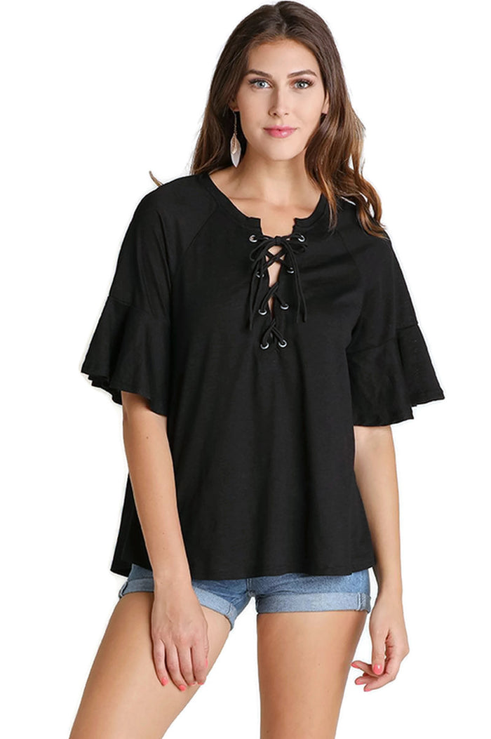 Lace Up Bell Sleeve Top, Black