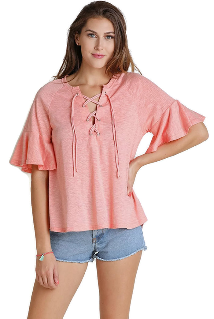 Lace Up Bell Sleeve Top, Blush