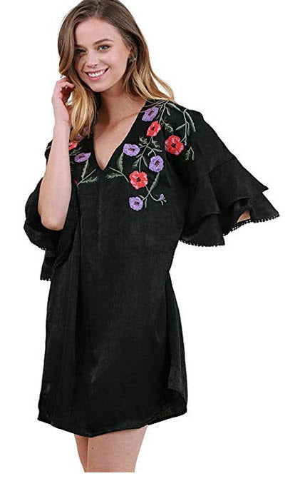 Satin Floral Embroidered & Layered Sleeve Dress, Black