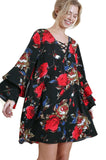 Criss Cross Layered Ruffle Sleeve Floral Dress, Black