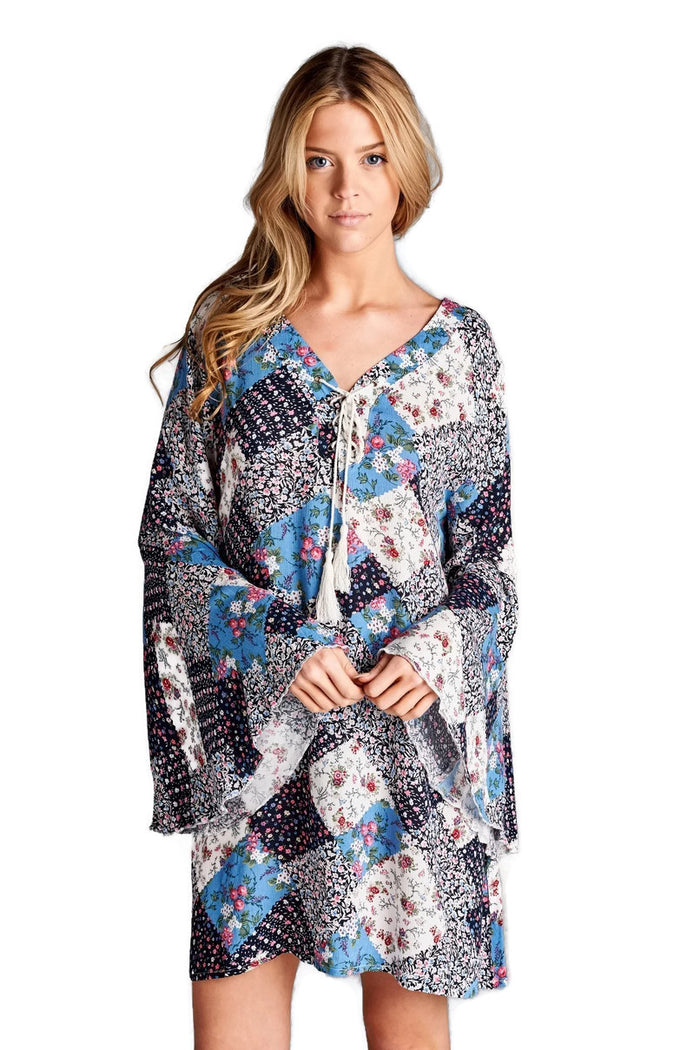 Floral Patchwork Print Dress, Blue