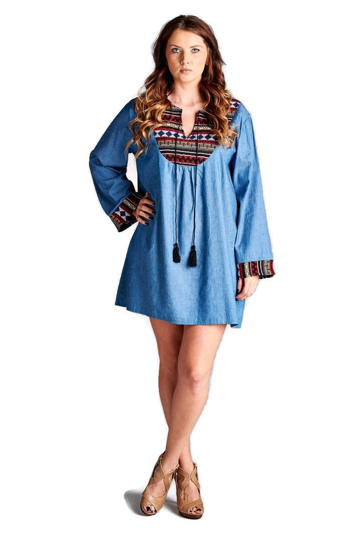 Tassel Embroidered Denim Dress, Blue