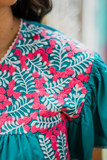 Flutter Sleeve Embroidered Top, Turquoise