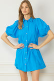 Bubble Sleeve Mini Dress, Blue