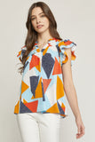 Geometric Ruffle Sleeve Top, Blue