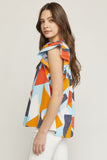 Geometric Ruffle Sleeve Top, Blue