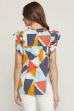 Geometric Ruffle Sleeve Top, Blue