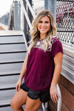 Embroidered Short Sleeve Top, Maroon