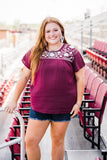 Embroidered Short Sleeve Top, Maroon
