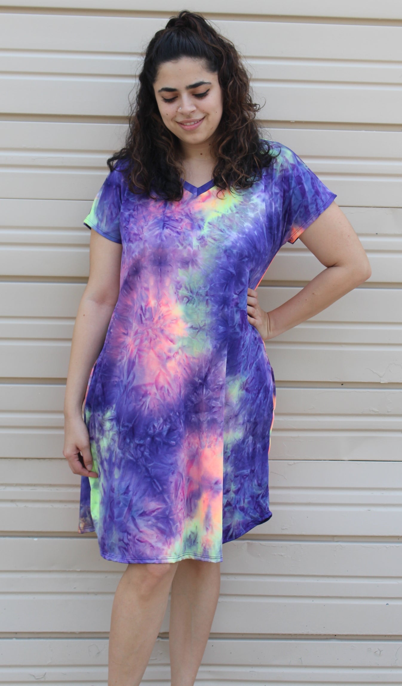 tie dye dress purple Yellow & Purple Tie-Dye Faux Wrap Dress 10