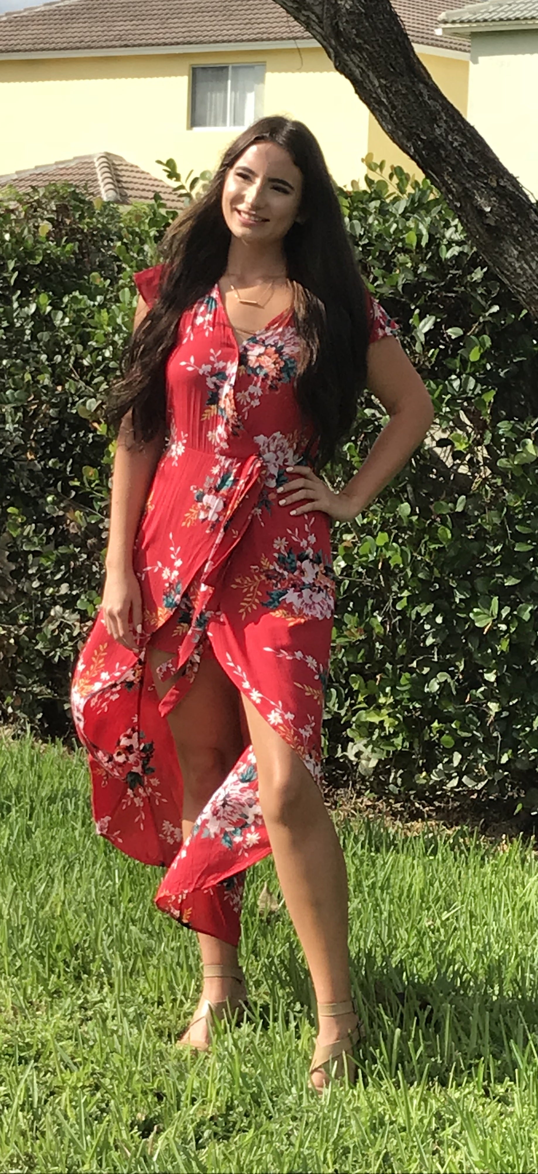 maxi romper dress Angie Juniors Floral Faux-Wrap Walk Through Romper, Girl's, Size: Medium, Red