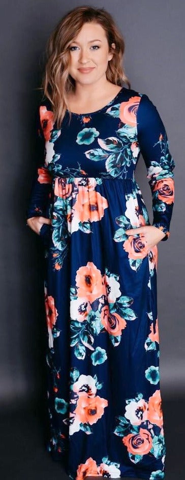 Navy Floral Babydoll Maxi Dress
