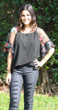 Floral Embroidered Layered & Ruffled Sleeve Top, Black
