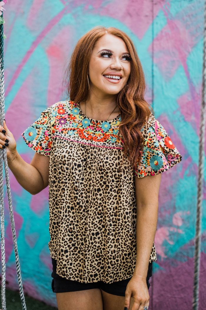 Layerz Floral embroidered leopard top