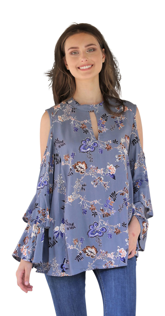 Jaquard Keyhole Cold Shoulder Top, Blue-Grey