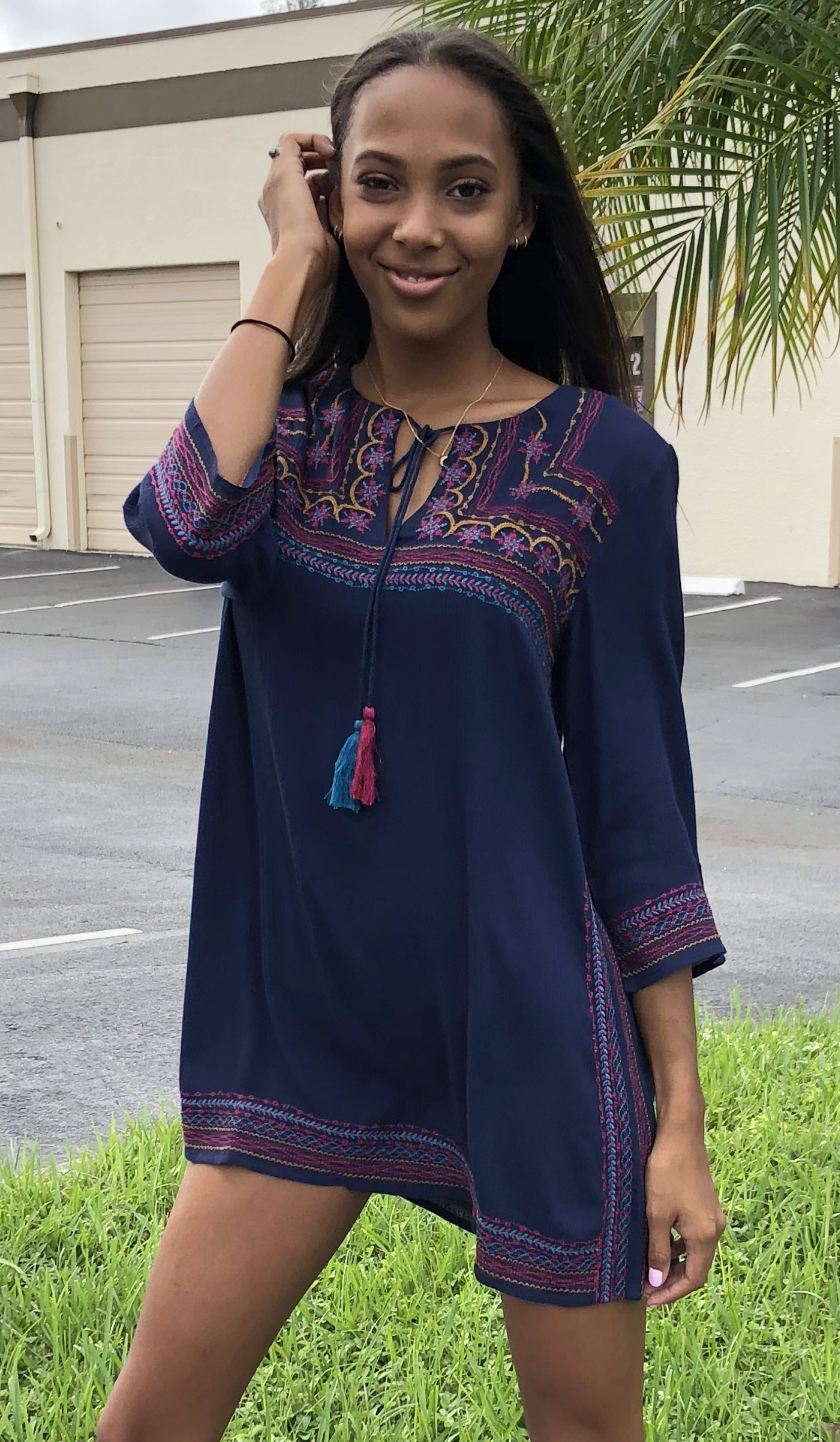 navy embroidered shift dress Luella Embroidered Silk Shift Dress