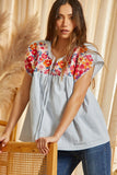 Striped Babydoll Embroidered Top, Denim