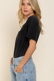 Distressed Short Sleeve Cotton Top, Black