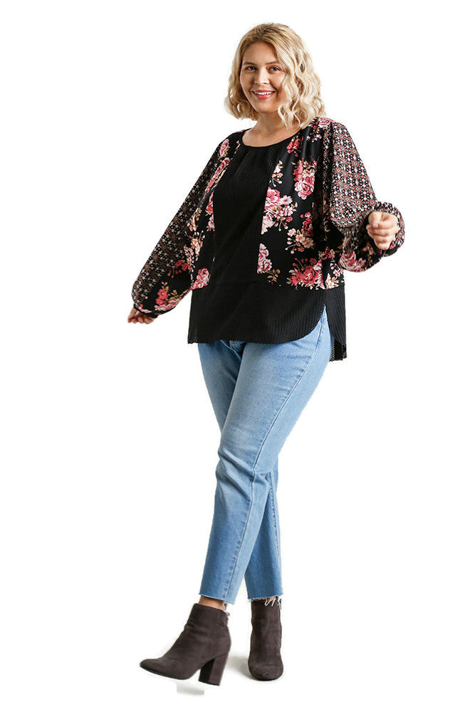 umgee usa mixed floral print waffle knit top