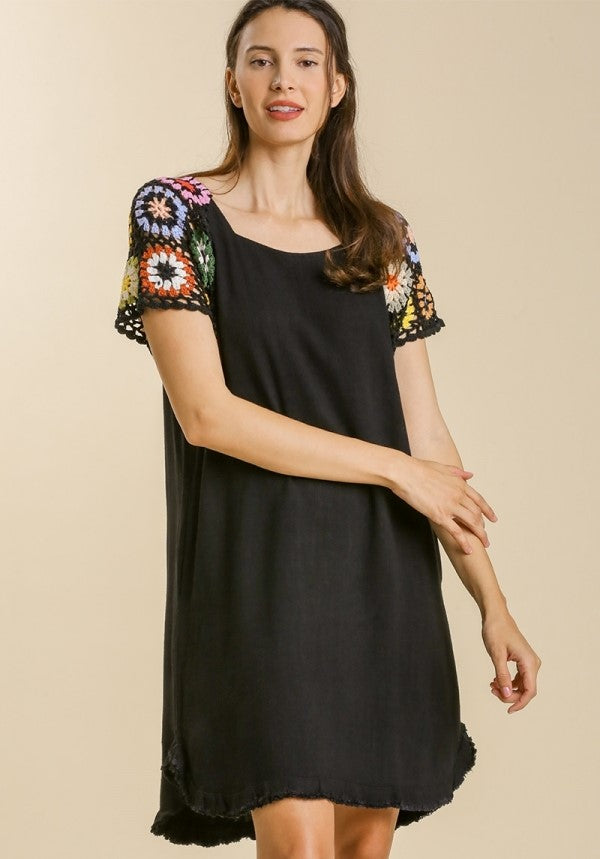Crochet Sleeve Dress, Black Crochet Sleeve Dress, Black
