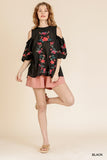 Floral Embroidered Peasant Top, Black