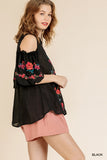 Floral Embroidered Peasant Top, Black